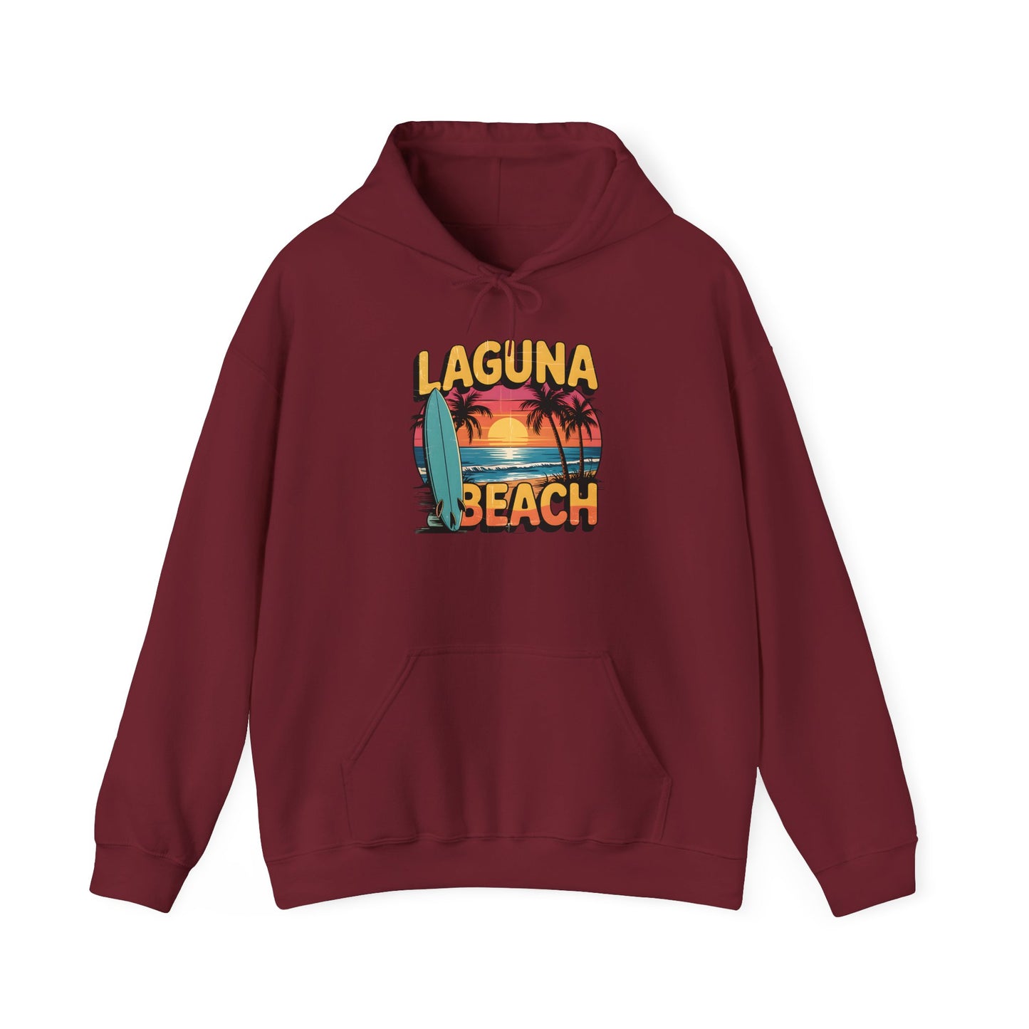 The Laguna Beach Sunset Hoodie for Beach Lovers is a maroon unisex sweatshirt with a sunset, palm trees, and surfboard graphic plus bold yellow-orange “Laguna Beach” text—a perfect way to bring beach vibes to your everyday style.