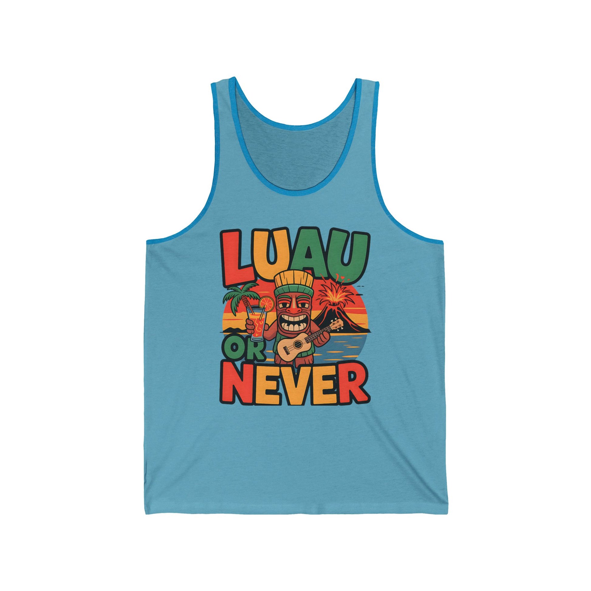 The Luau Or Never Unisex Jersey Tiki Tank Top – Perfect Summer Vibes features a vibrant tiki, palm trees, and sunset with “LUAU OR NEVER” in bold—ideal for beach days and summer gatherings.