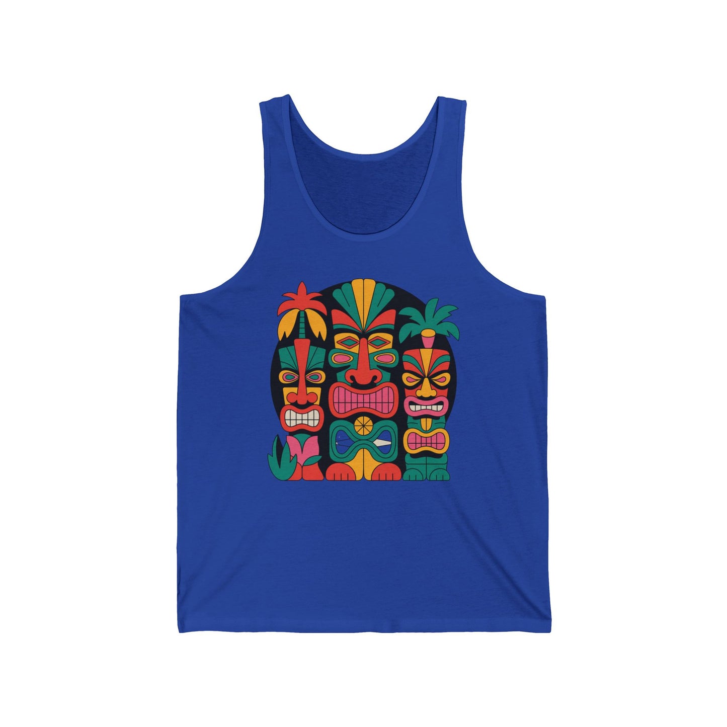 The Tiki Faces Unisex Jersey Tiki Tank Top features a vibrant graphic of three tiki masks with tropical leaves and flowers—perfect summer vibes and beachwear for any celebration.