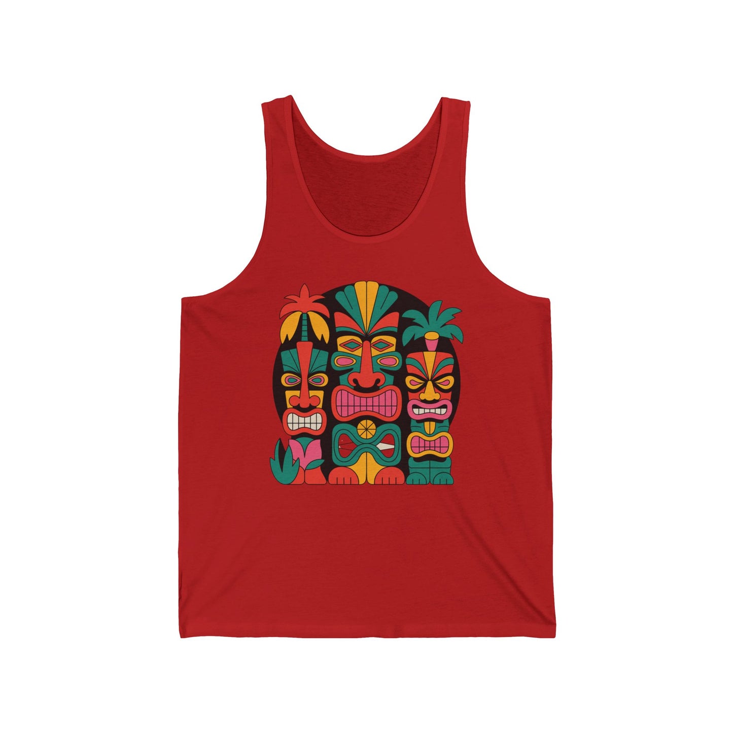 The Tiki Faces Unisex Jersey Tiki Tank Top features vibrant tiki face graphics with tropical leaves—perfect for summer vibes, beachwear, or as a fun gift.