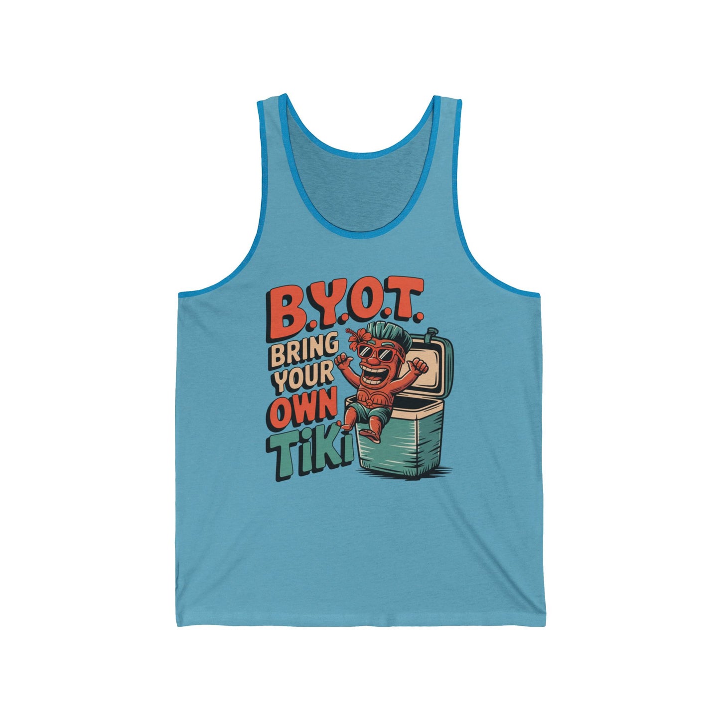 The Tiki Themed Unisex Jersey Tank features a cartoon tiki in a cooler with vibrant B.Y.O.T. Bring Your Own Tiki text—ideal for summer gatherings and anyone seeking casual, trendy style.