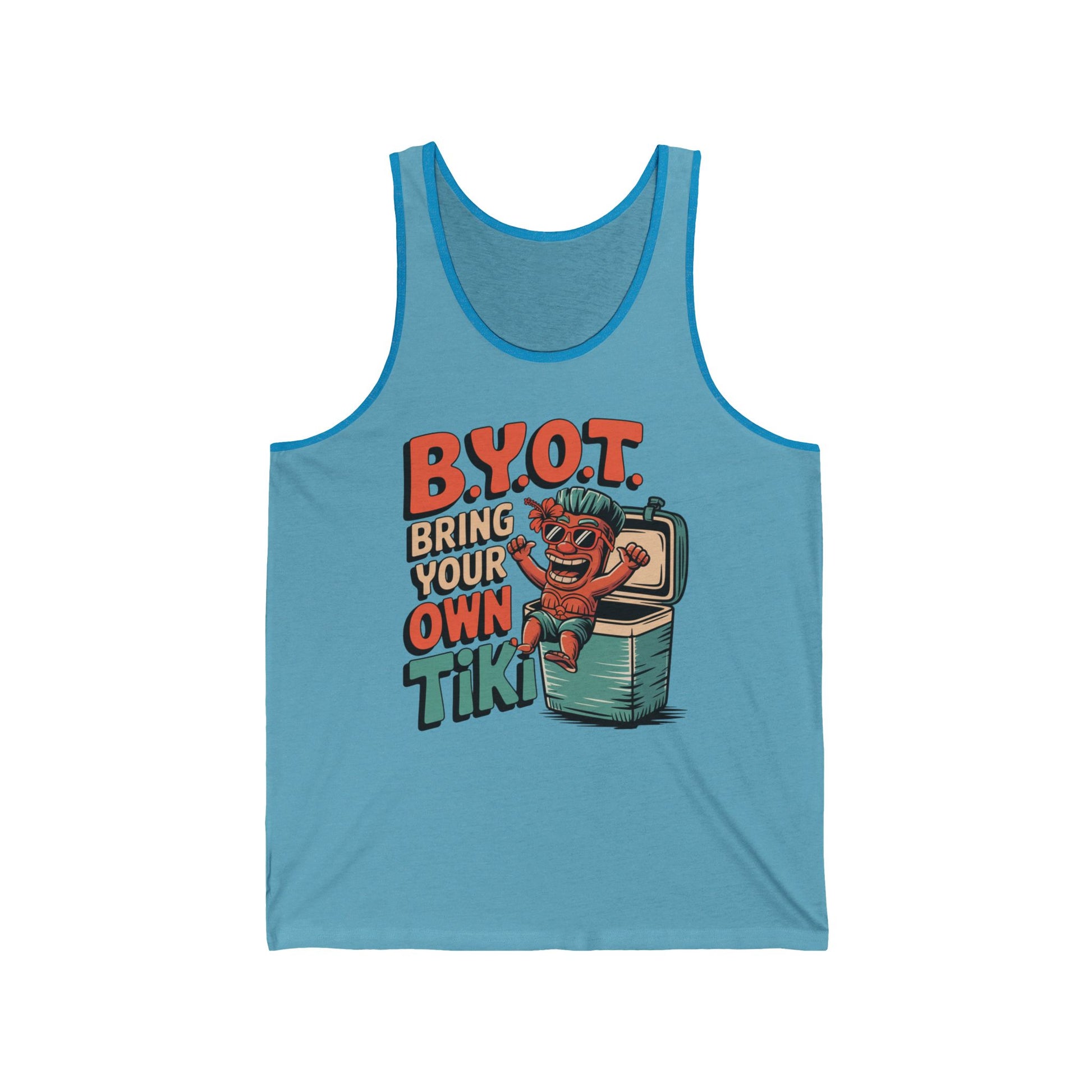 The Tiki Themed Unisex Jersey Tank features a cartoon tiki in a cooler with vibrant B.Y.O.T. Bring Your Own Tiki text—ideal for summer gatherings and anyone seeking casual, trendy style.