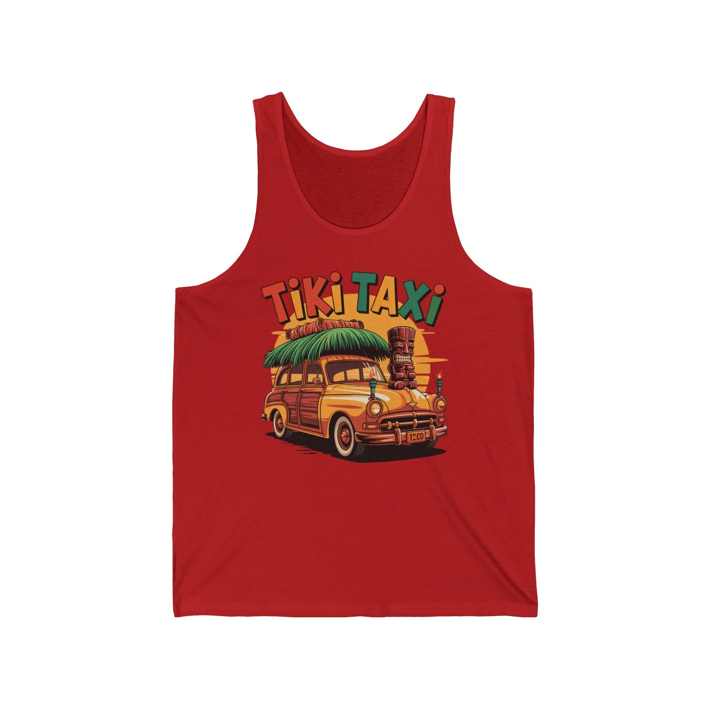 Add retro flair to your summer look with the Tiki Taxi Unisex Tiki Tank Top, featuring a vintage woody car, tiki hut roof, and bold Tiki Taxi text—ideal for casual wear and fans of standout beach-inspired graphics.