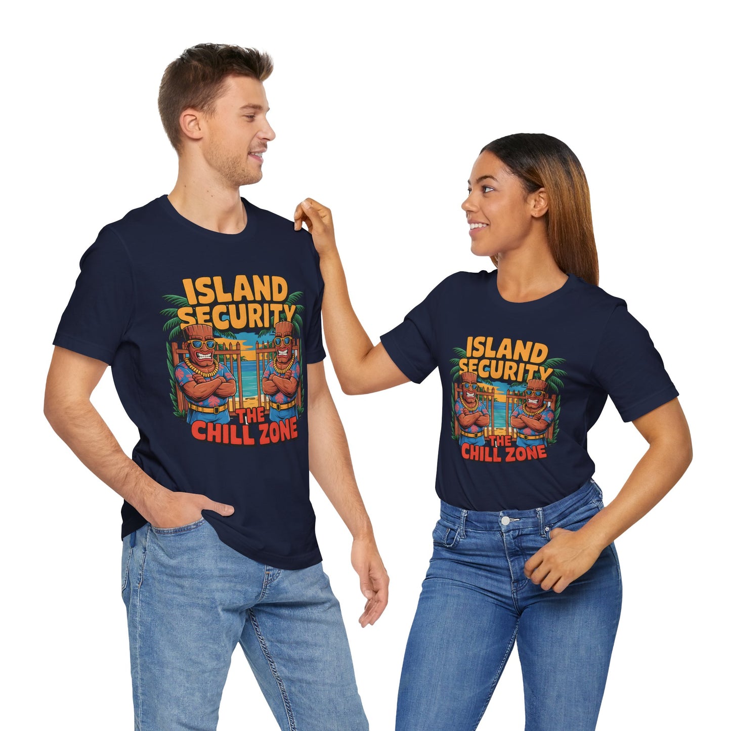 A smiling man and woman wear matching navy Chill Zone Island Security Tiki Unisex Jersey Short Sleeve T-Shirts with tiki and palm tree graphics, standing casually against a white background—perfect for beachwear.