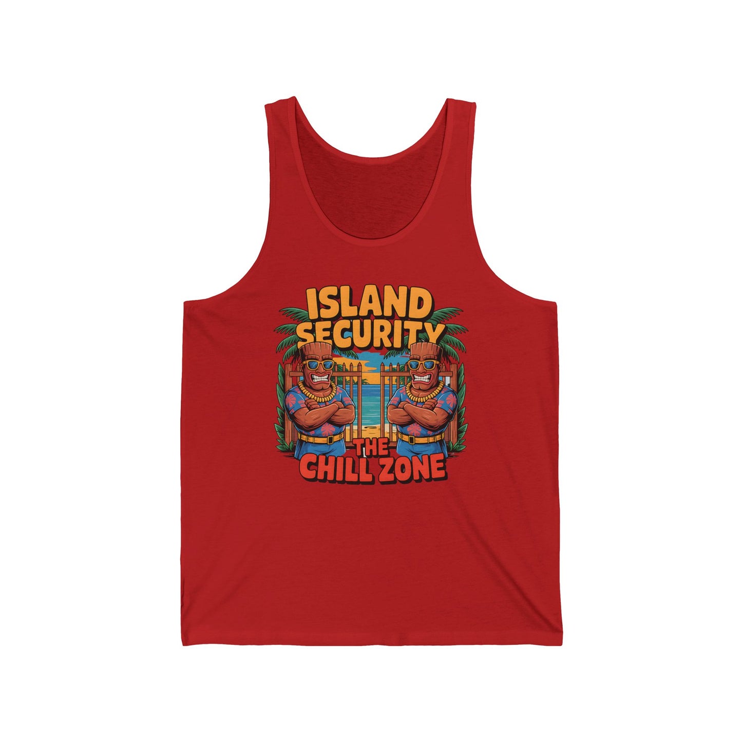 The Island Security Unisex Jersey Tiki Tank Top – Chill Zone Design for Summer Vibes features soft Airlume cotton with a cartoon muscular man in sunglasses between palm trees and bold Island Security, The Chill Zone text—ideal summer wear.