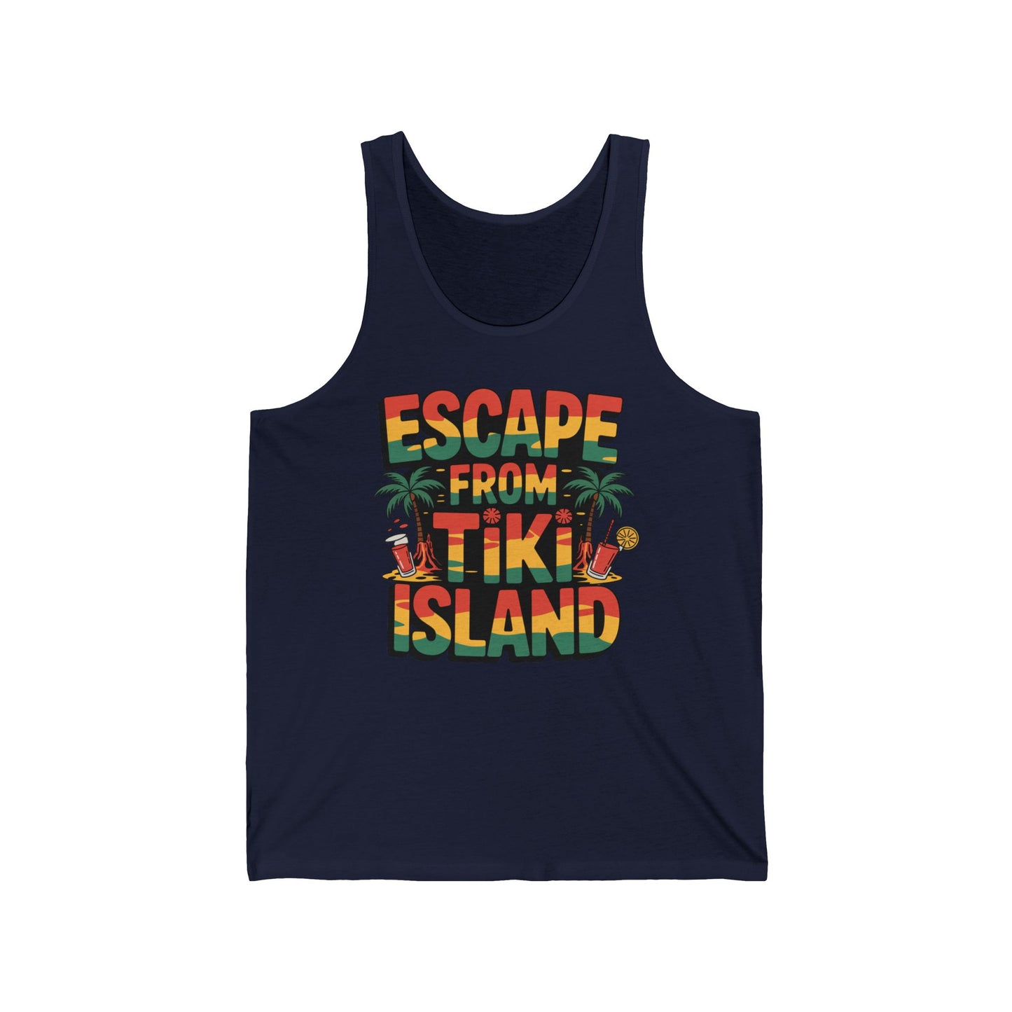 The Escape from Tiki Island Unisex Jersey Tiki Tank Top features colorful, tropical lettering with palm trees, tiki statues, and a pineapple—perfect for summer vibes and beach days.