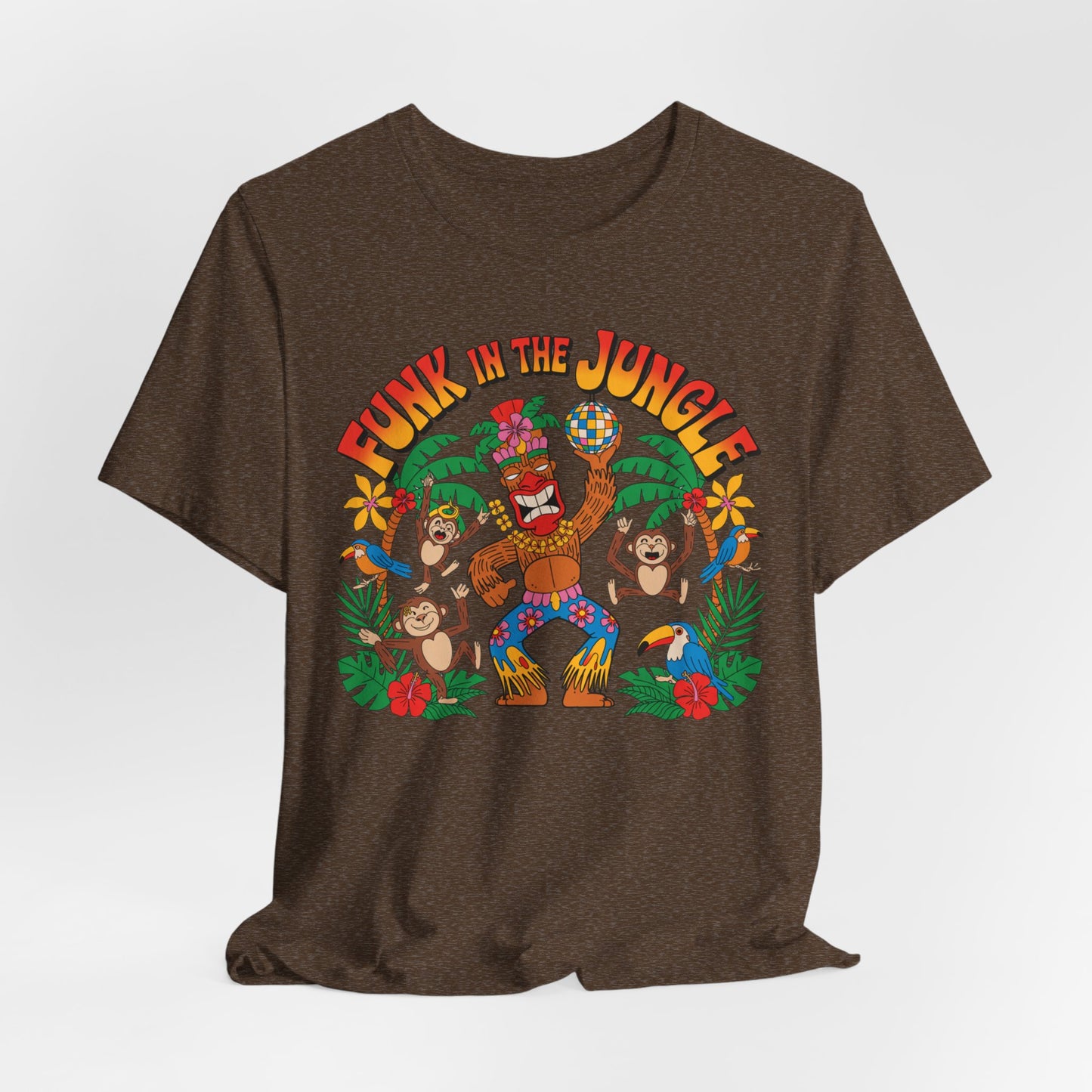 The Funky Jungle Tiki T-Shirt is a unisex short sleeve shirt with a vibrant monkey design featuring a dancing gorilla in sunglasses, two small monkeys, and tropical plants. Bold Funk in the Jungle text makes it perfect for jungle enthusiasts.