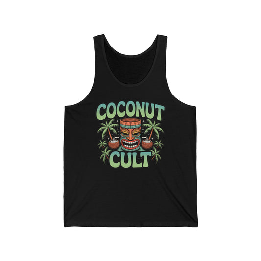 Show off your Coconut Cult spirit in the Unisex Jersey Tiki Tank Top—Tropical Vibe Sleeveless Tank, featuring a vibrant tiki face and coconuts with palm trees. Perfect for vacations or adding fun to your everyday look!.