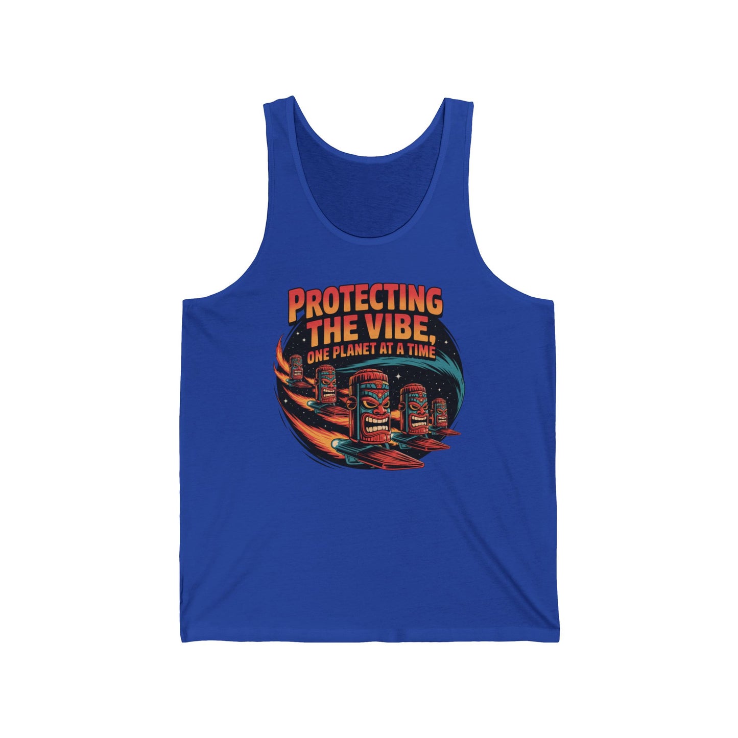 The Protecting The Vibe Unisex Jersey Tiki Tank Top is an eco-friendly blue tank, ultra-soft, and features a bold red and yellow tiki totem with waves and the slogan “Protecting the Vibe, One Planet at a Time.” Perfect for summer!.
