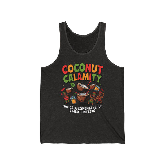 The Coconut Calamity Unisex Jersey Tiki Tank Top features colorful “Coconut Calamity” text, coconuts, maracas, and “May cause spontaneous limbo contests”—perfect for summer parties, beach trips, and a casual yet stylish vibe.
