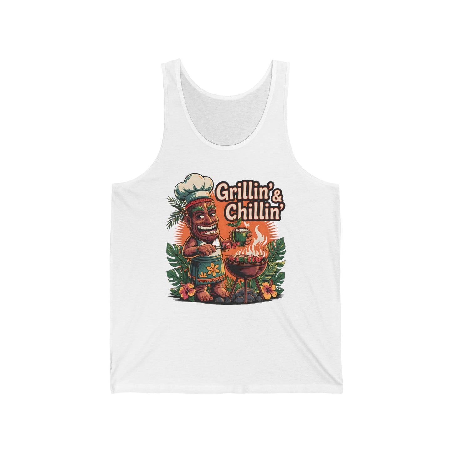 Stay cool in the Grillin & Chillin Unisex Jersey Tiki Tank Top—featuring a vibrant cartoon tiki chef grilling among tropical leaves with “Grillin’ & Chillin’” text. Perfect for summer BBQs and parties!.