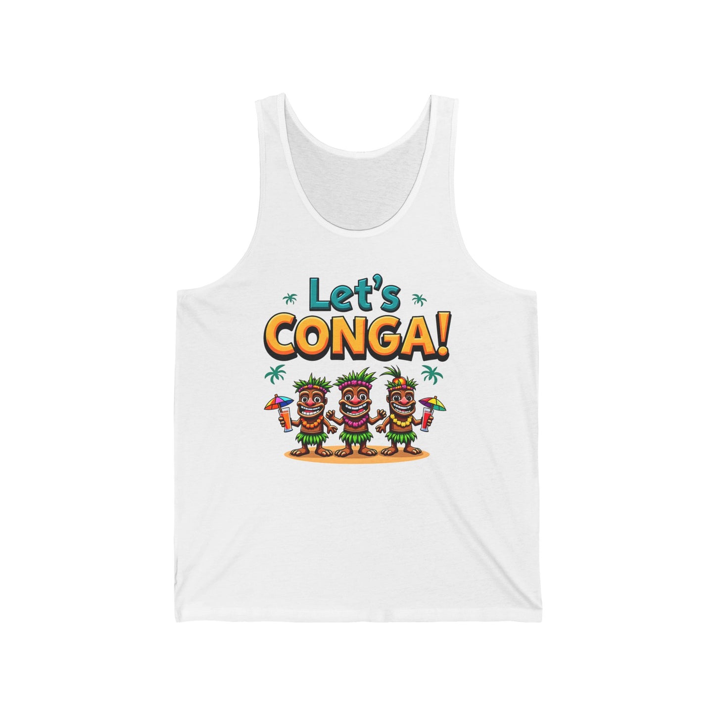 The Lets Conga! Unisex Jersey Tiki Tank features three dancing cartoon figures in grass skirts, maracas, palm trees, and “Let’s CONGA!” text—perfect for adding a fun tropical touch to your summer parties.