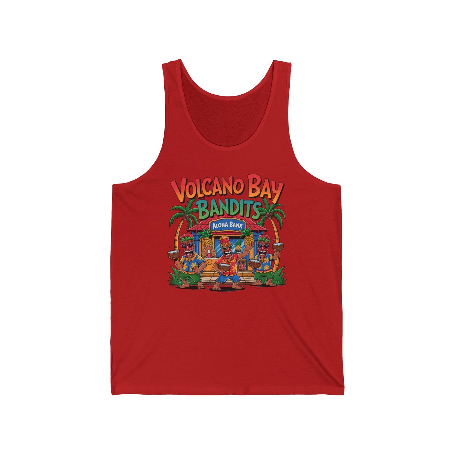 The Volcano Bay Bandits Unisex Jersey Tiki Tank Top features vibrant cartoon bandits by a tiki hut labeled Aloha Bar—perfect for casual parties or tropical adventure vibes.