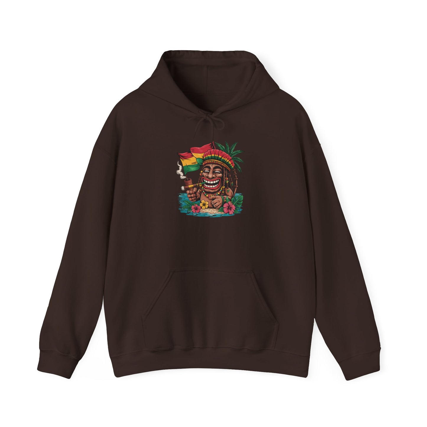 The Tropical Vibe Tiki Hoodie - Unisex Heavy Blend™ features a vibrant tiki face with dreadlocks, sunglasses, hat, joint, flowers, and a red-yellow-green flag—perfect for island vibes or tropical-themed events.