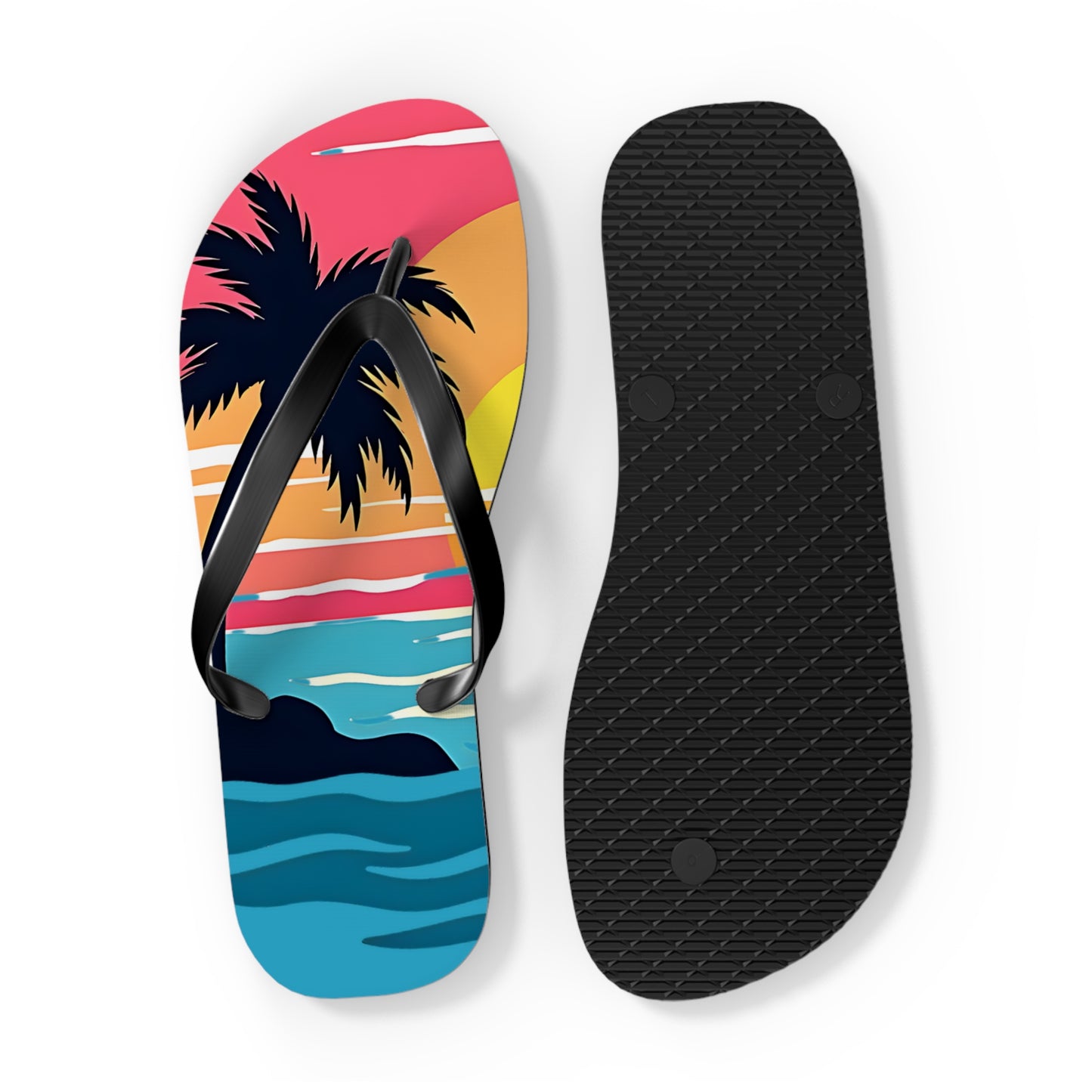 Ideal for summer outfits, the Tropical Sunset Flip Flops | Beach Vibes Sandals showcase a vibrant beach scene with sunset, palm trees, ocean waves, a black strap on one flip flop, and a textured black sole on the other.