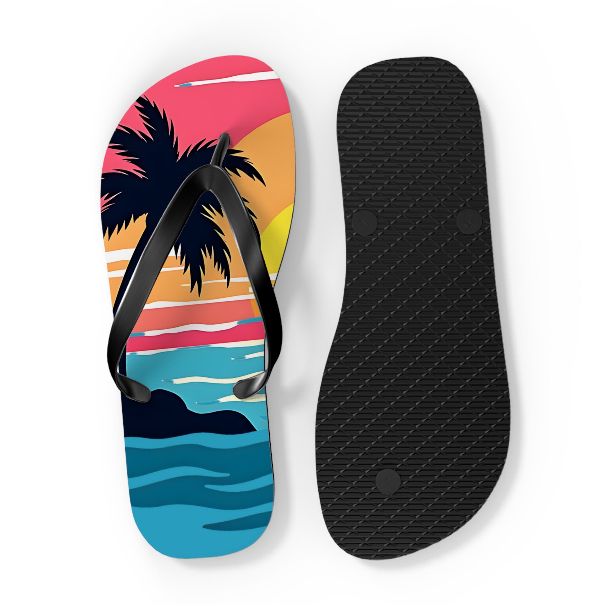Ideal for summer outfits, the Tropical Sunset Flip Flops | Beach Vibes Sandals showcase a vibrant beach scene with sunset, palm trees, ocean waves, a black strap on one flip flop, and a textured black sole on the other.