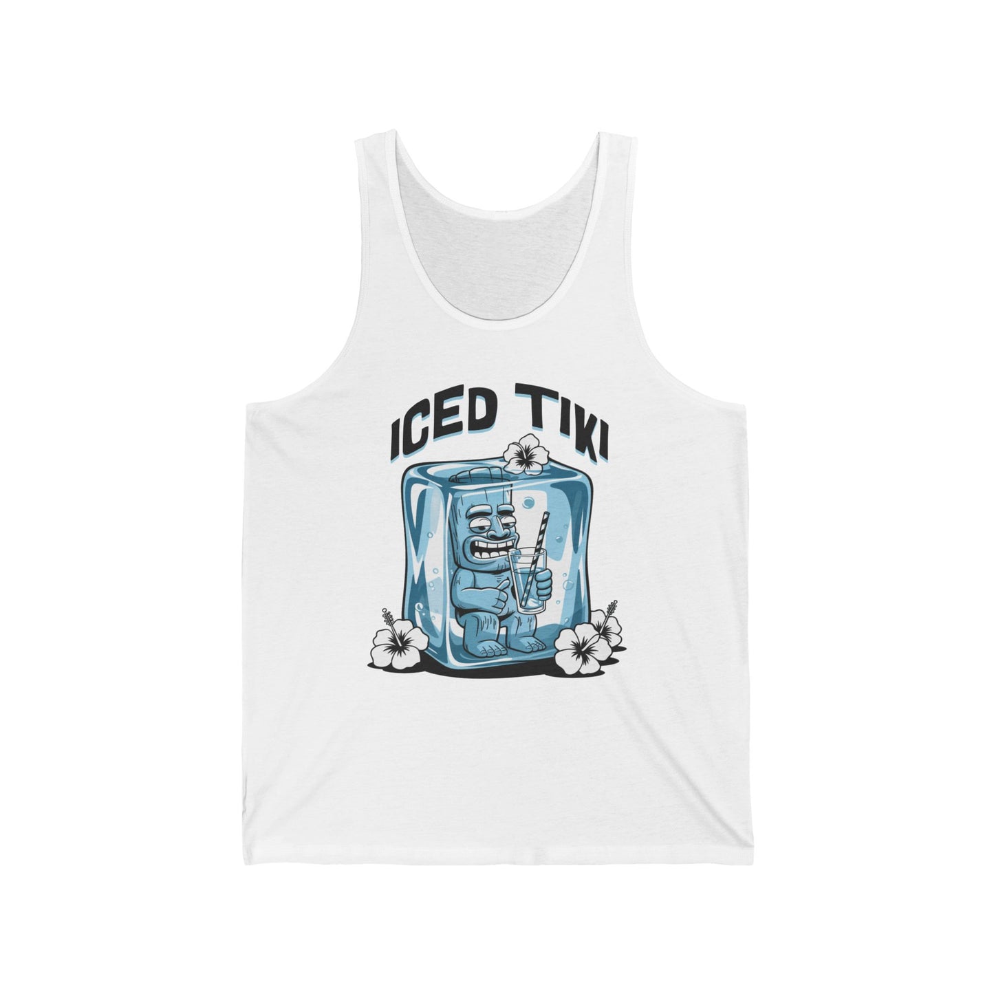 Add a playful vibe to your summer with the Iced Tiki Unisex Jersey Tank Top—featuring a blue tiki in an ice cube, “ICED TIKI” text, and white hibiscus flowers. Perfect for summer parties and beach lovers!.