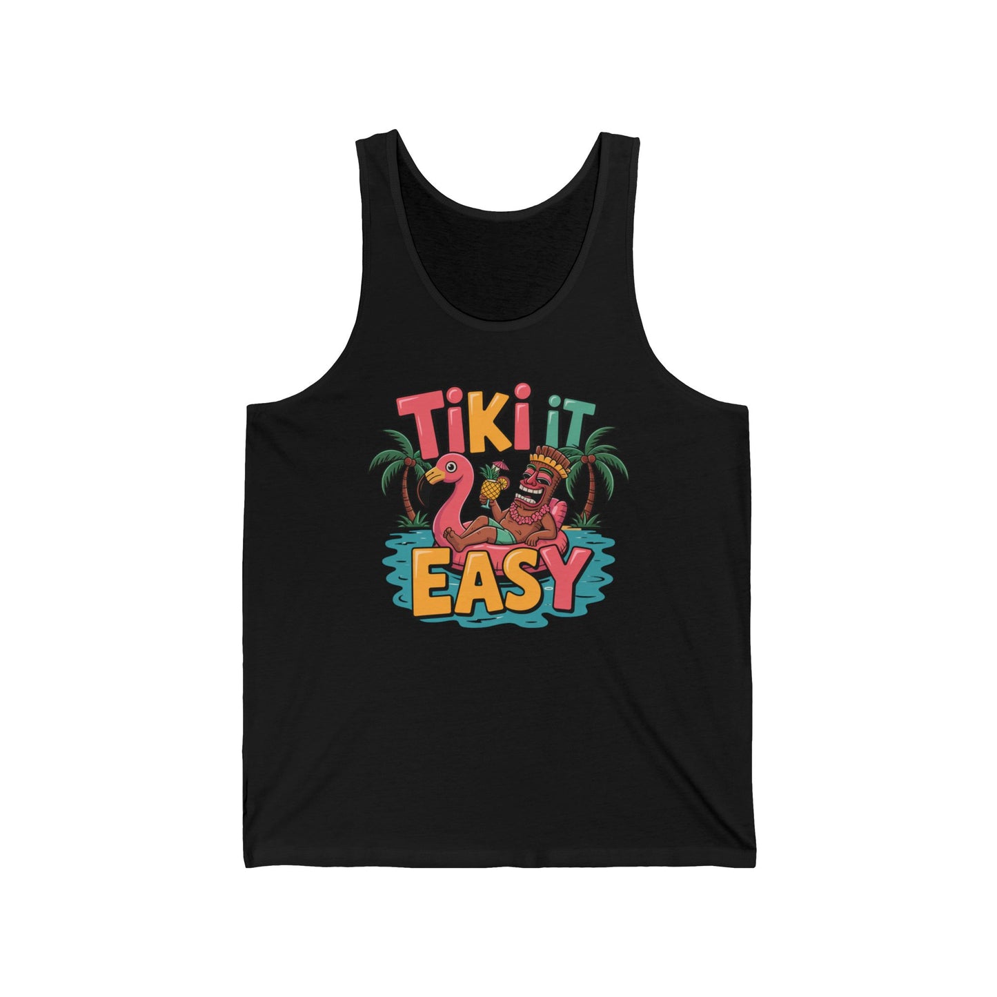 The Tiki It Easy Unisex Jersey Tiki Tank Top features a tiki statue on a pink pool float, palm trees, and water with “Tiki It Easy.” Perfect for summer vibes and beach parties, this lightweight tank offers all-day comfort.
