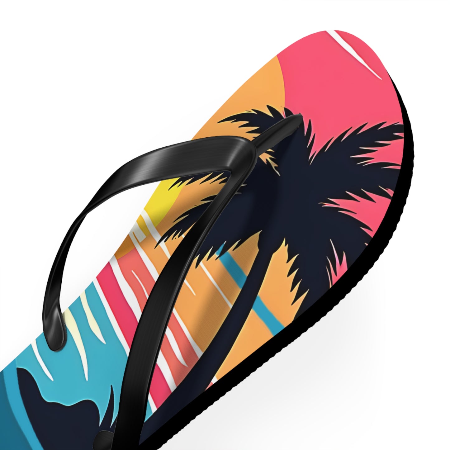 Tropical Sunset Flip Flops | Beach Vibes Sandals feature black straps and a vibrant sunset design with palm trees and wave patterns—ideal for beach lovers and stylish summer outfits.