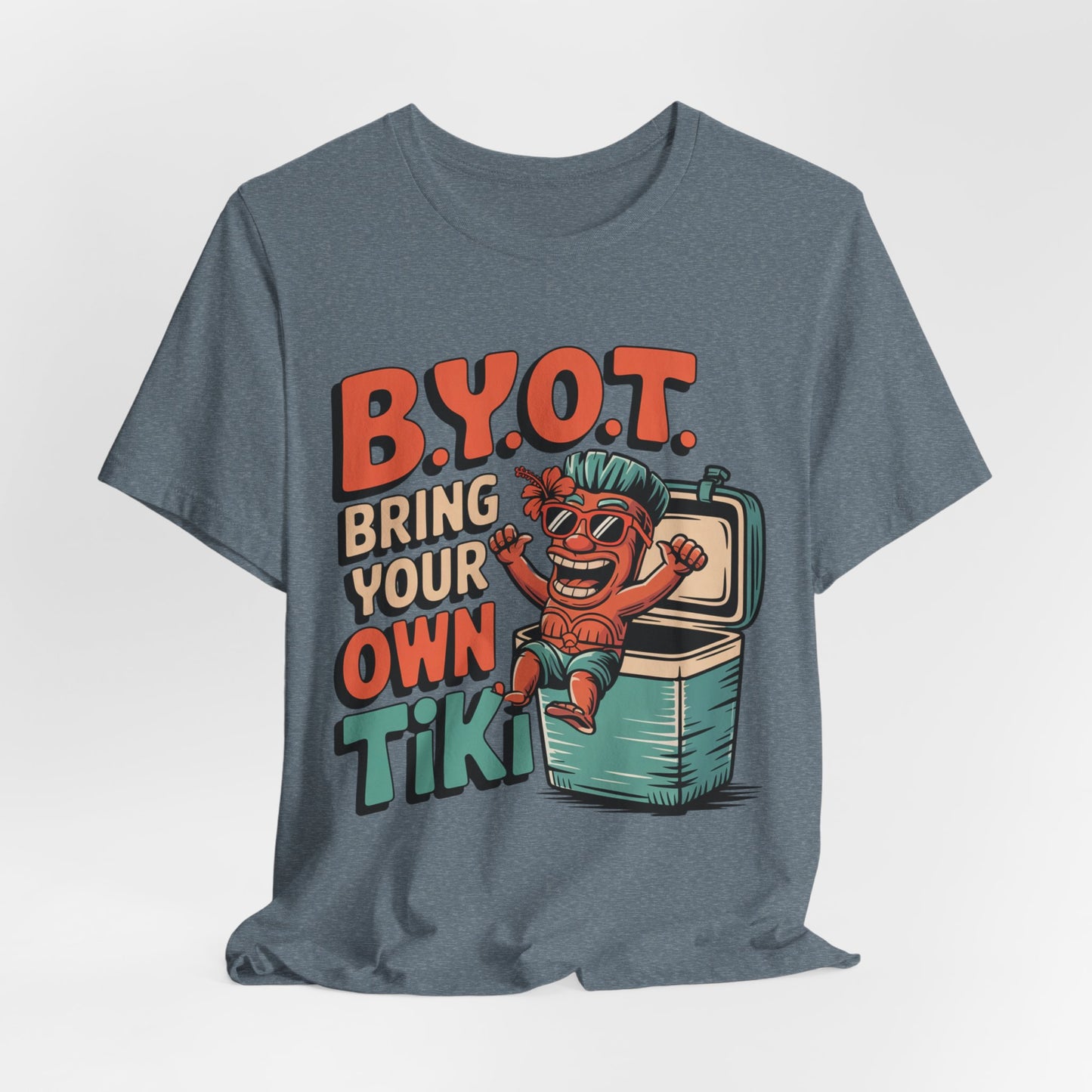 The Bring Your Own Tiki Short Sleeve Tiki T-Shirt is a gray unisex tee made from soft Airlume combed cotton, featuring a festive tiki and B.Y.O.T. Bring Your Own Tiki text—perfect for lively summer parties.