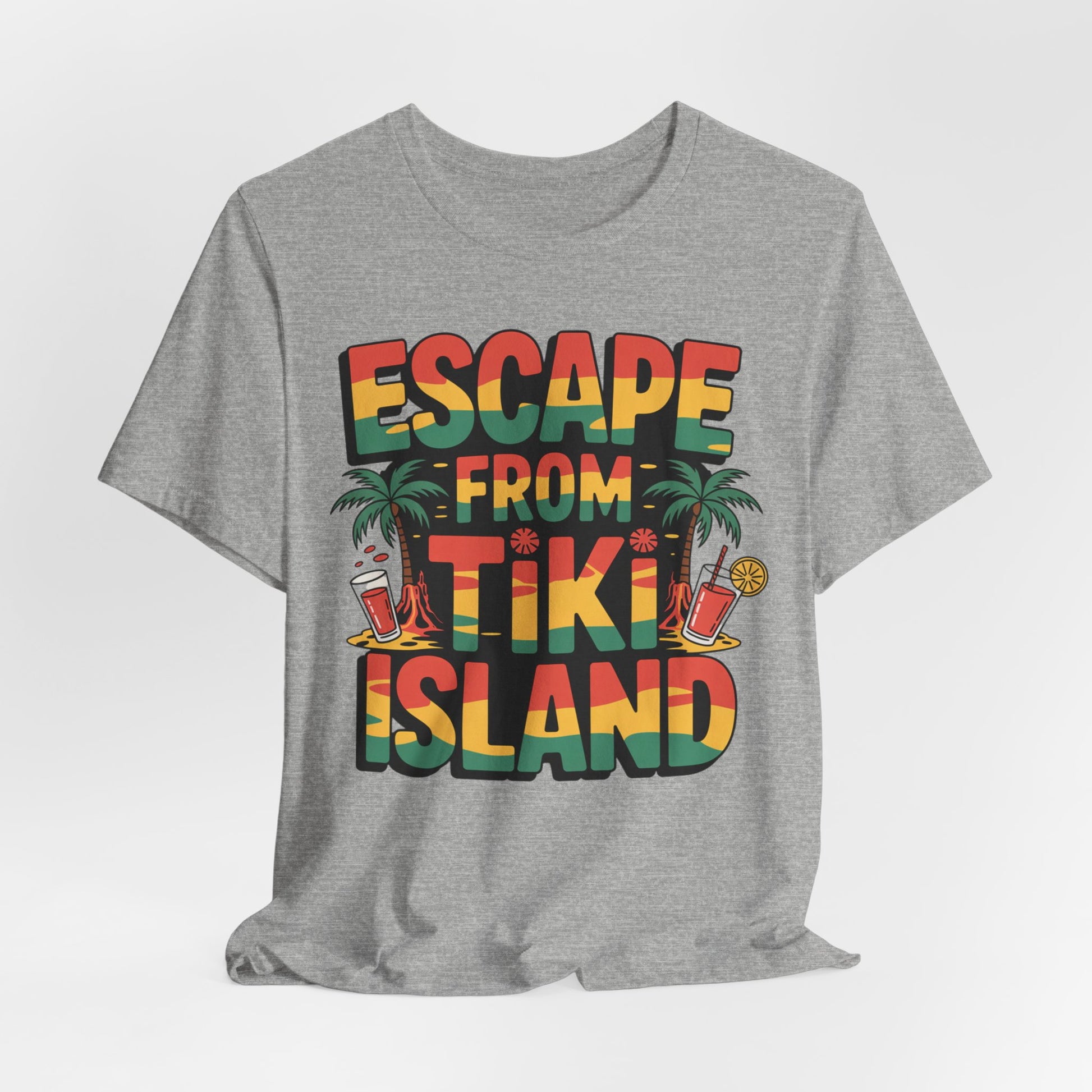 The Escape from Tiki Island Tiki T-Shirt is a fun unisex gray jersey with vibrant ESCAPE FROM TIKI ISLAND text, palm trees, tropical drinks, and flowers—perfect for summer adventures and island vibes.