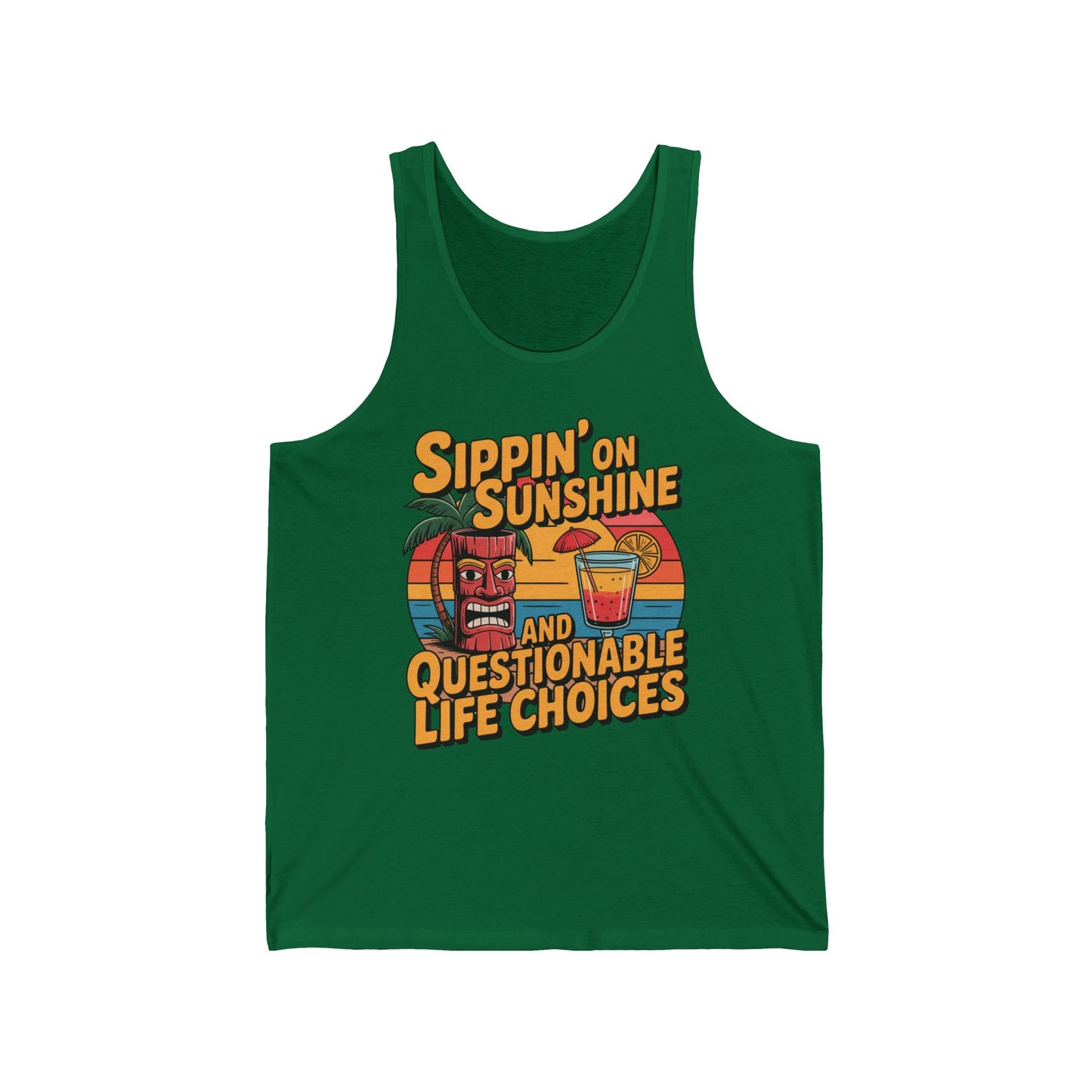 The Sippin on Sunshine Unisex Jersey Tank is perfect for summer vibes and fun celebrations, featuring a vibrant tiki drink and cocktail print with the phrase “Sippin’ on Sunshine and Questionable Life Choices.”.
