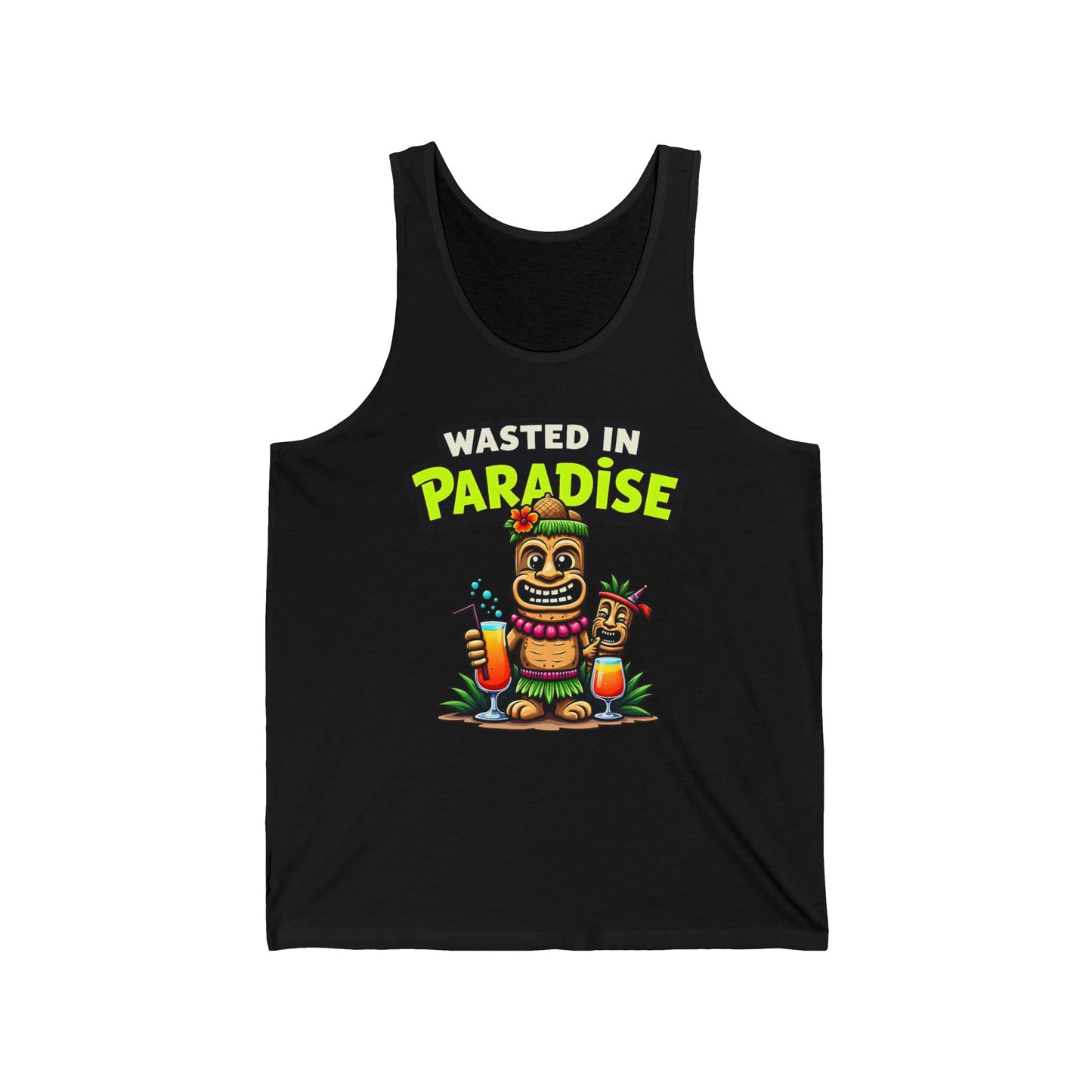 The Wasted in Paradise Unisex Jersey Tiki Tank Top is perfect for beach days and parties, featuring a colorful tiki cartoon and bold Wasted in Paradise text. Enjoy summer vibes with this comfortable, fun shirt!.