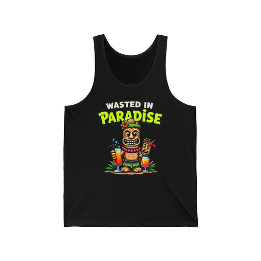The Wasted in Paradise Unisex Jersey Tiki Tank Top is perfect for beach days and parties, featuring a colorful tiki cartoon and bold Wasted in Paradise text. Enjoy summer vibes with this comfortable, fun shirt!.
