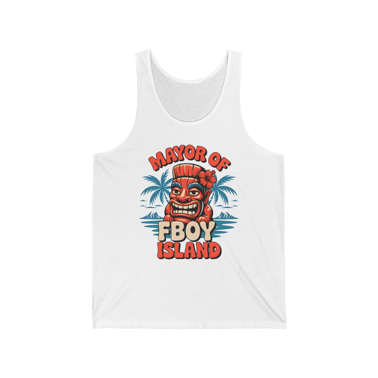 The Mayor of Fboy Island Unisex Jersey Tiki Tank Top is a white tank with a cartoon tiki head, red flower, palm trees, and bold orange Mayor of FBOY Island text—perfect for fun summer vibes, beach days, and vacations.