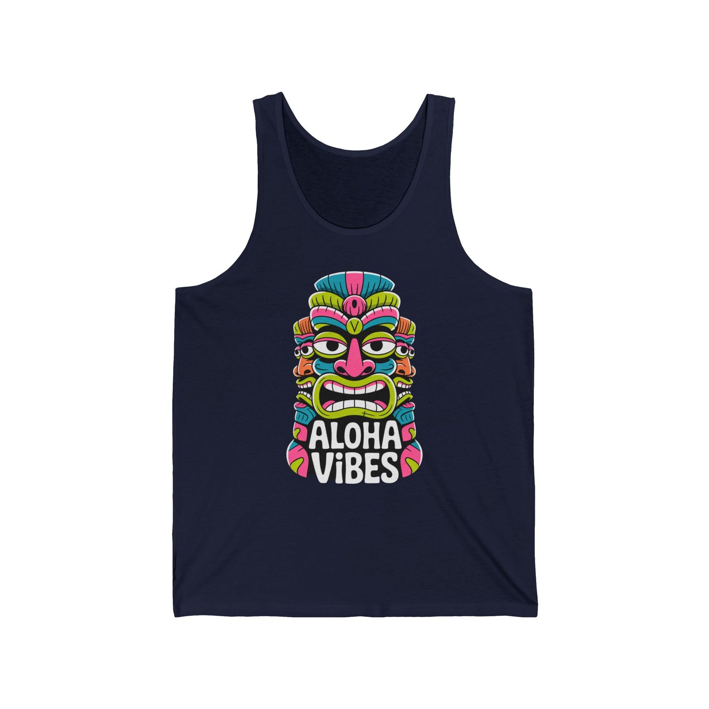 The Aloha Vibes Unisex Jersey Tiki Tank Top is a navy blue summer beachwear essential, featuring a vibrant tiki mask above bold Aloha Vibes text, crafted from lightweight, comfortable fabric.