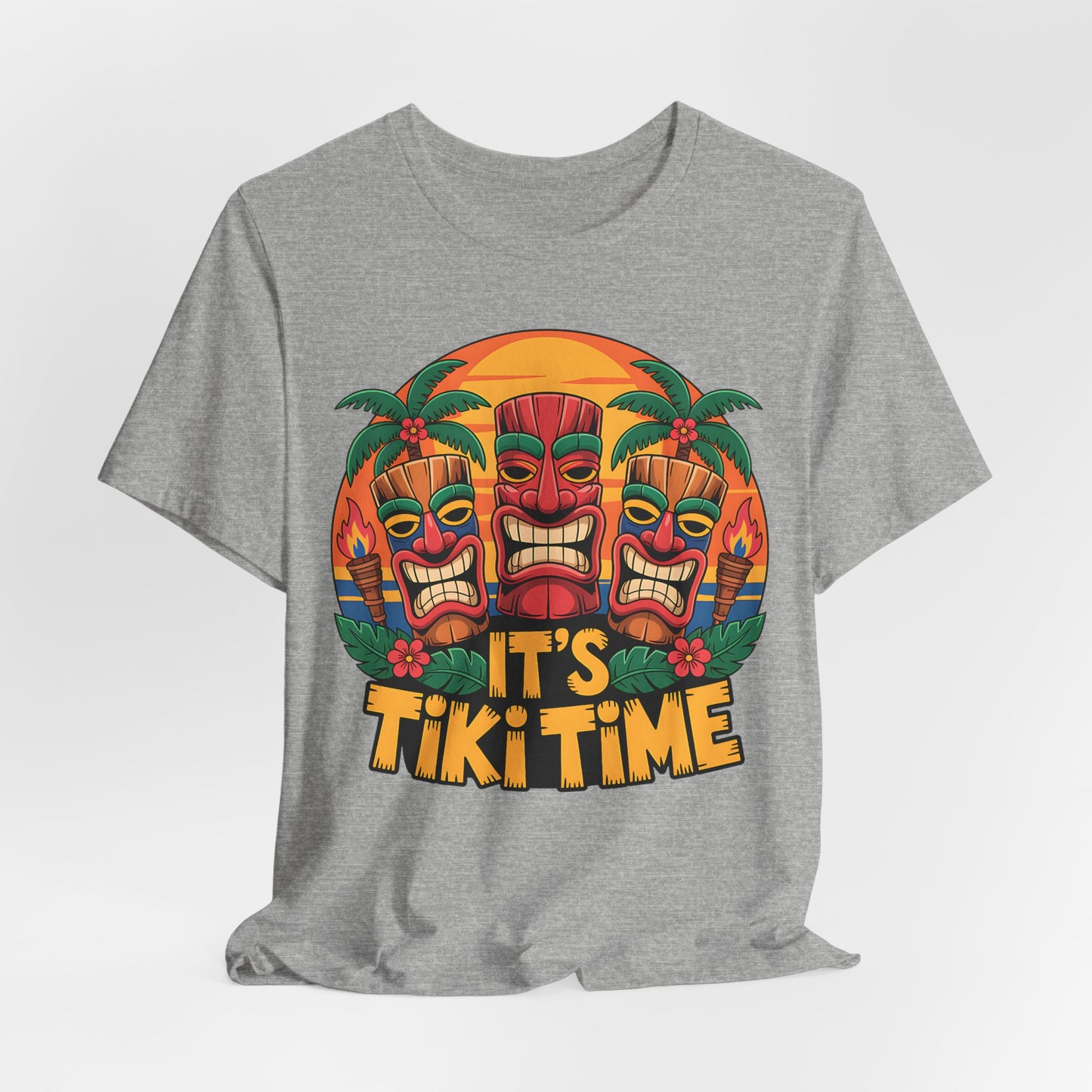 Gray t-shirt with colorful Tiki design and 'It's Tiki Time' text on a white background