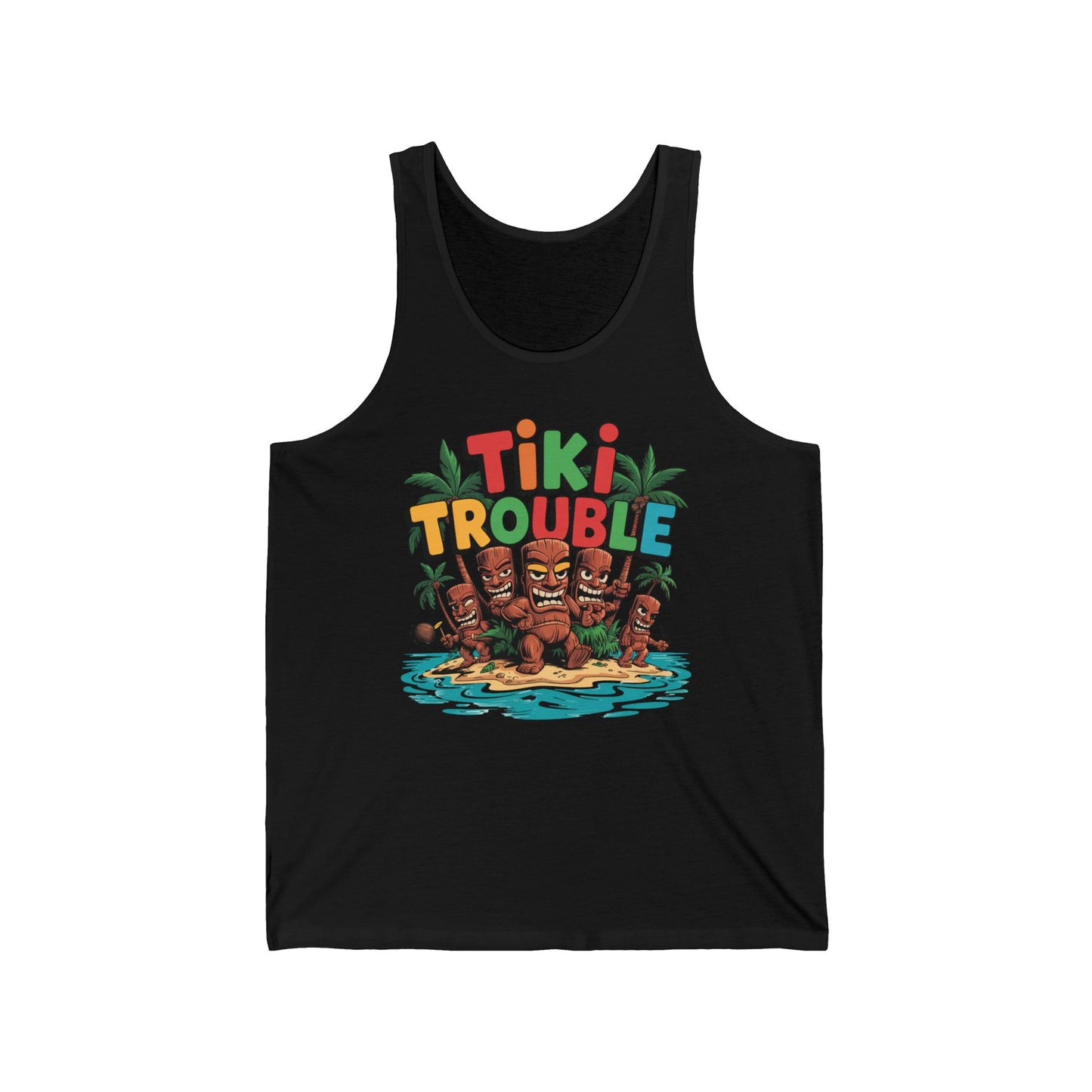 Perfect for summer vibes and beach adventures, the Tiki Trouble Unisex Jersey Tank Top features four cartoon tiki statues on an island with palm trees and water, topped with bold, colorful Tiki Trouble text.