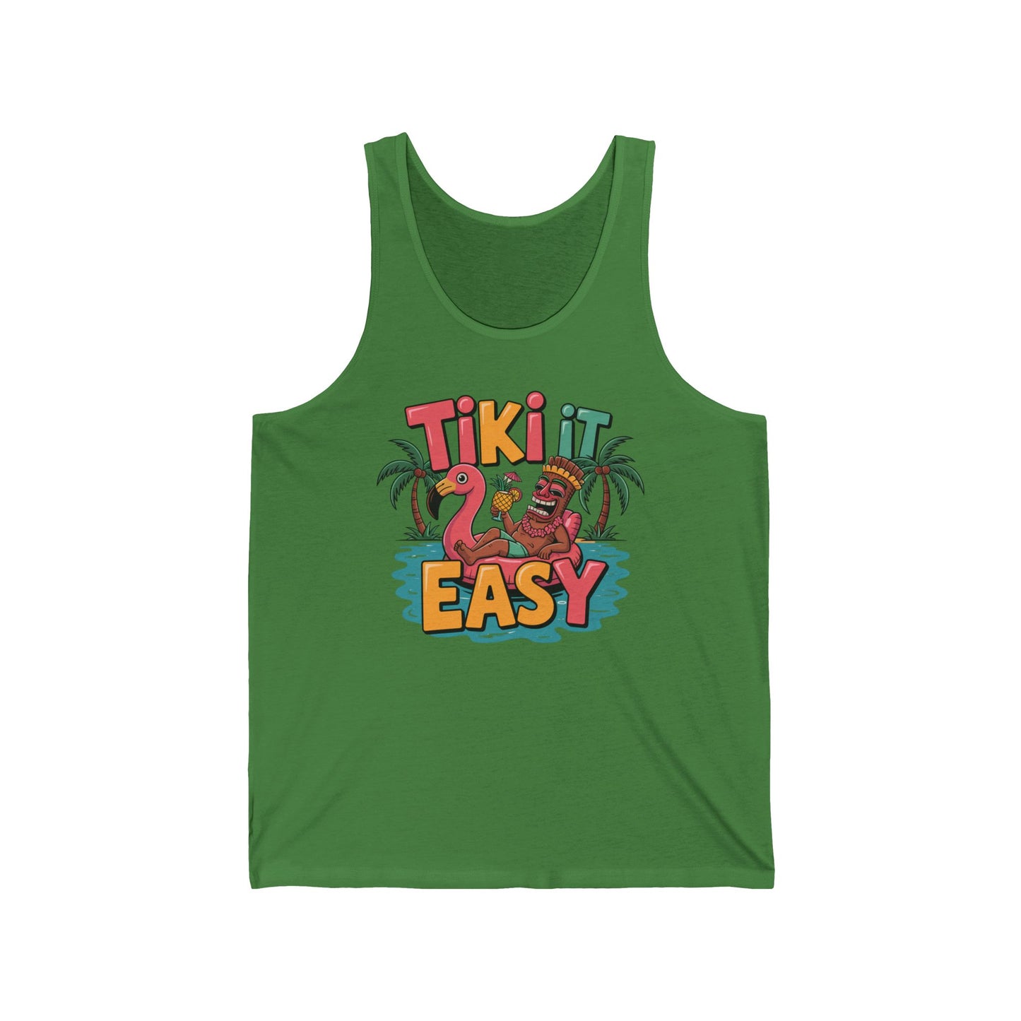 The Tiki It Easy Unisex Jersey Tiki Tank Top features a vivid flamingo float and tiki statue with palm trees, bold “Tiki It Easy” text, and is crafted from lightweight material—perfect for summer vibes and beach party essentials.