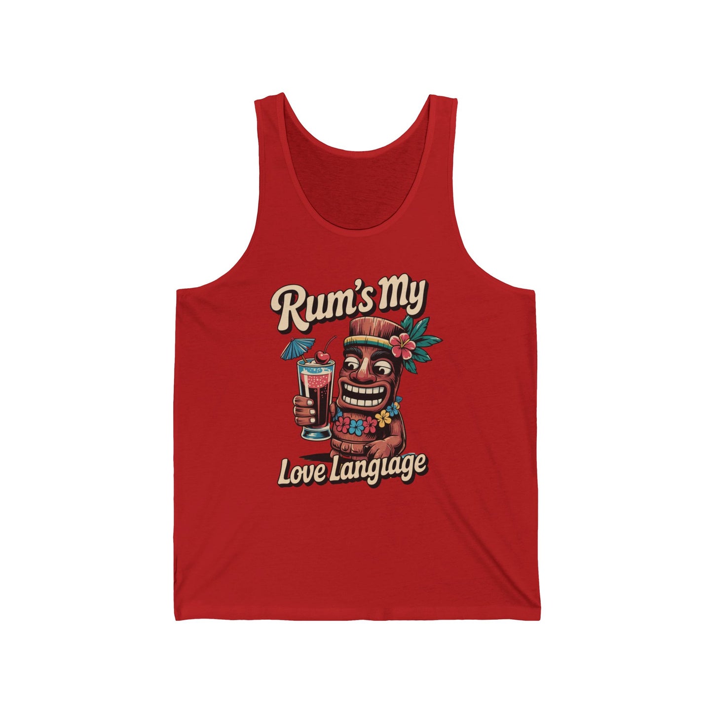 Show off your love for rum with the Tropical Tiki Tank—Rums My Love Language Unisex Jersey Tank, featuring a smiling tiki with a cocktail and tropical flowers in cheerful fonts, crafted from soft, lightweight fabric.