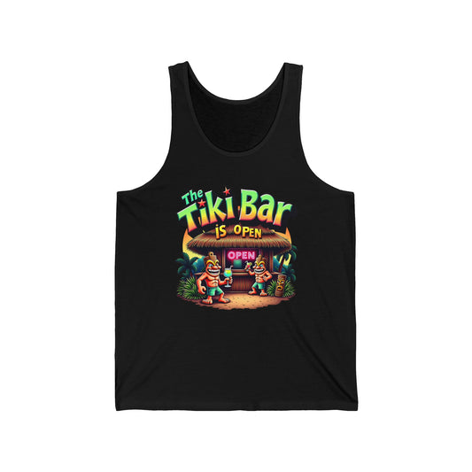 The Tiki Bar Unisex Jersey Tiki Tank Top boasts a vibrant tiki bar design with cartoon figures and palm leaves plus The Tiki Bar is Open text. Lightweight fabric ensures comfort—ideal summer style for beach lovers and casual outings.
