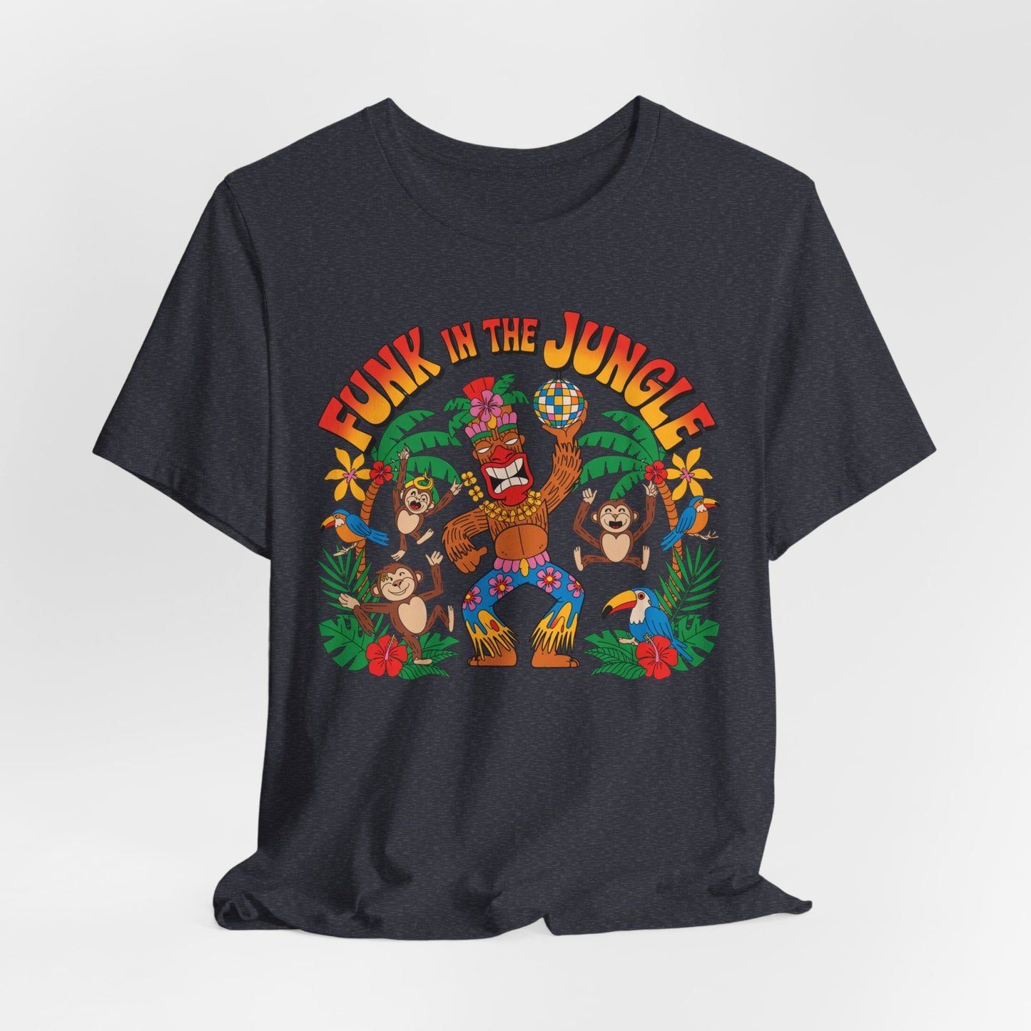 The Funky Jungle Tiki T-Shirt is a black unisex short sleeve shirt with a vibrant monkey design, featuring a dancing gorilla, disco ball, monkeys, palm trees, and red flowers. Funk in the Jungle text above. Perfect for jungle lovers.