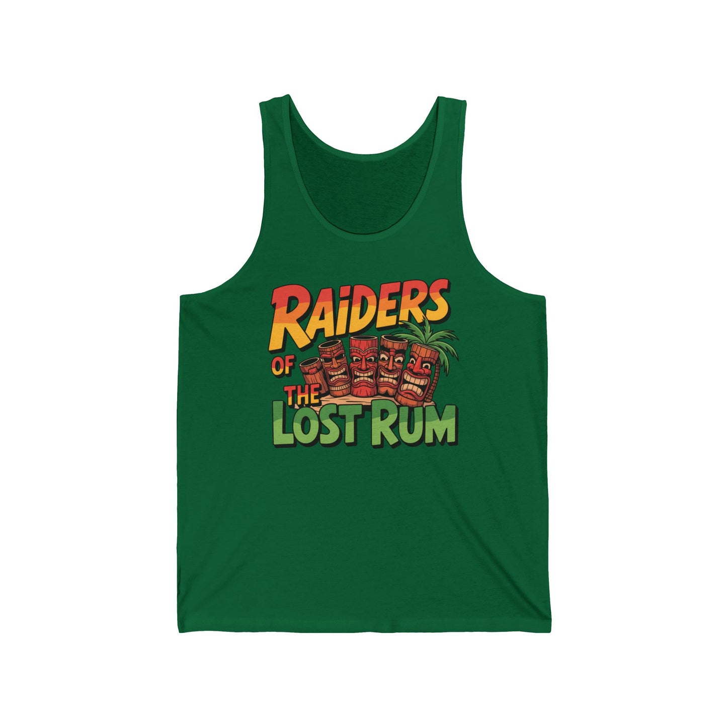 Raiders of the Lost Rum Unisex Tiki Tank Top—featuring colorful tiki mugs and a palm tree, this tropical summer top is perfect for parties, beach days, or festivals.