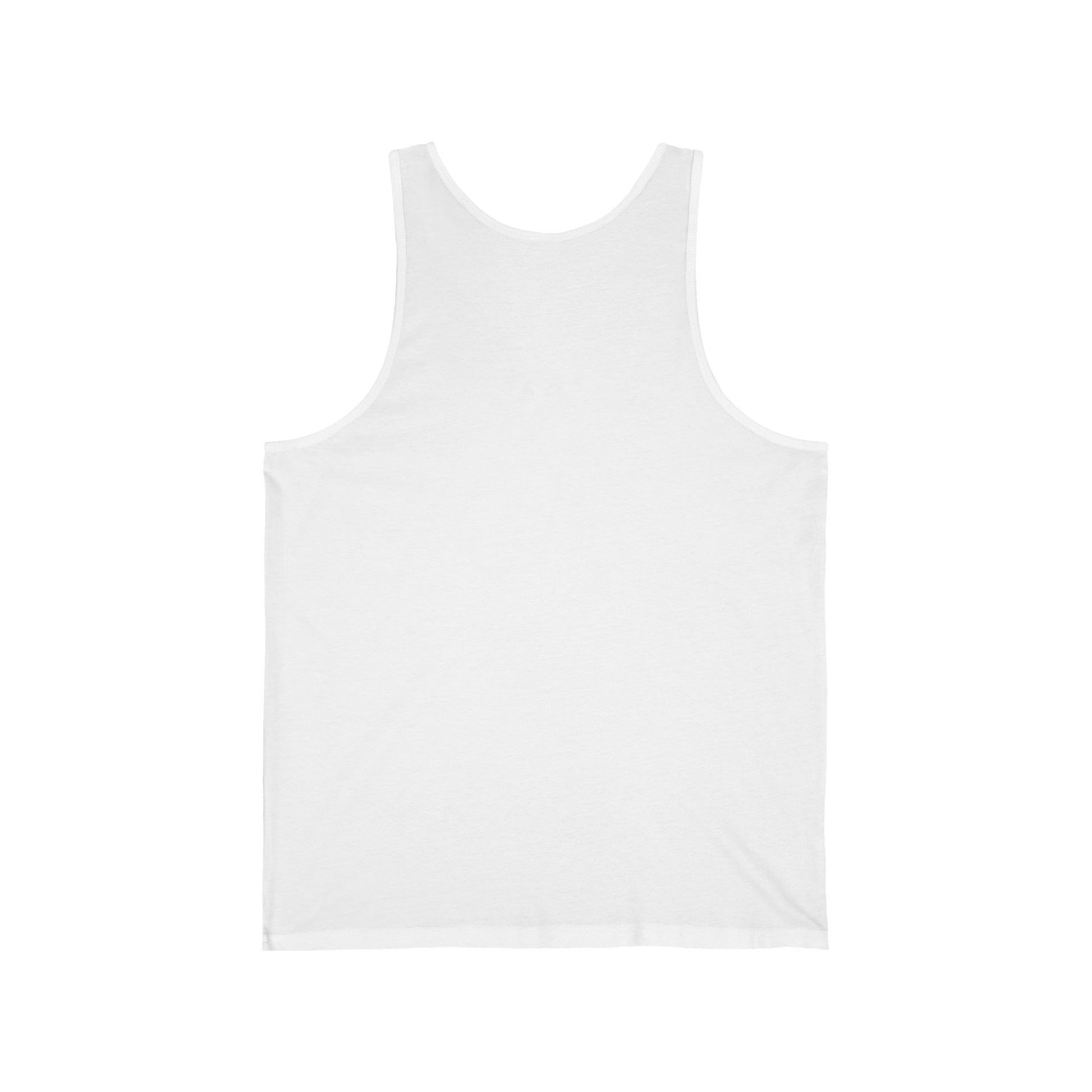 The Beach Vibes Unisex Jersey Tiki Tank Top - Dont Worry Beach Happy is shown laid flat, back side up, on a white background. Its lightweight fabric makes it ideal for summer adventures.