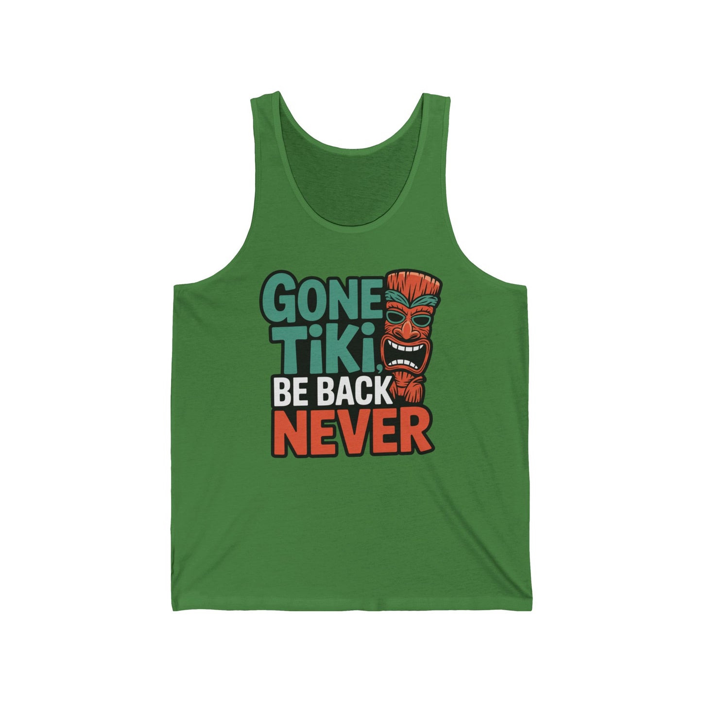 The Gone Tiki Unisex Jersey Tank features a bold cartoon tiki face and “GONE TIKI BE BACK NEVER” print—ideal for summer vacation, beach, and pool parties for anyone wanting a fun tropical vibe.