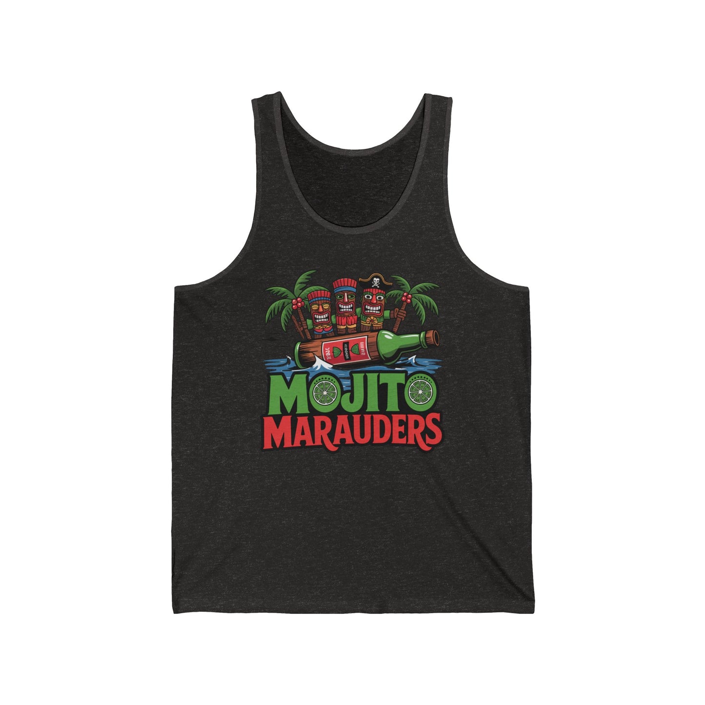 The Mojito Marauders Unisex Jersey Tiki Tank Top – Tropical Summer Vibe features colorful tiki mugs, palm trees, a lime, and bold Mojito Marauders lettering—a perfect addition to your summer wardrobe.