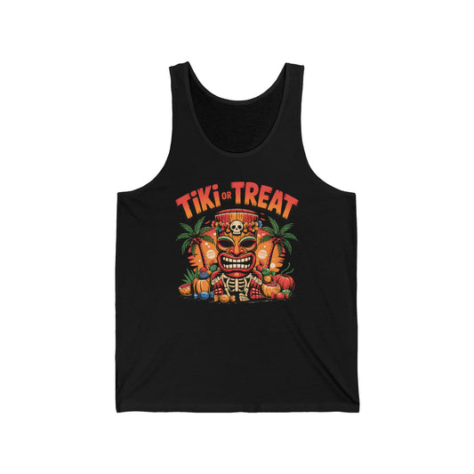 The Tiki Treat Unisex Jersey Tiki Tank Top is a fun Halloween tee featuring a vibrant tiki mask with pumpkins, skulls, fruit, and palm trees. “Tiki or Treat” pops in orange—perfect for parties and summer celebrations.