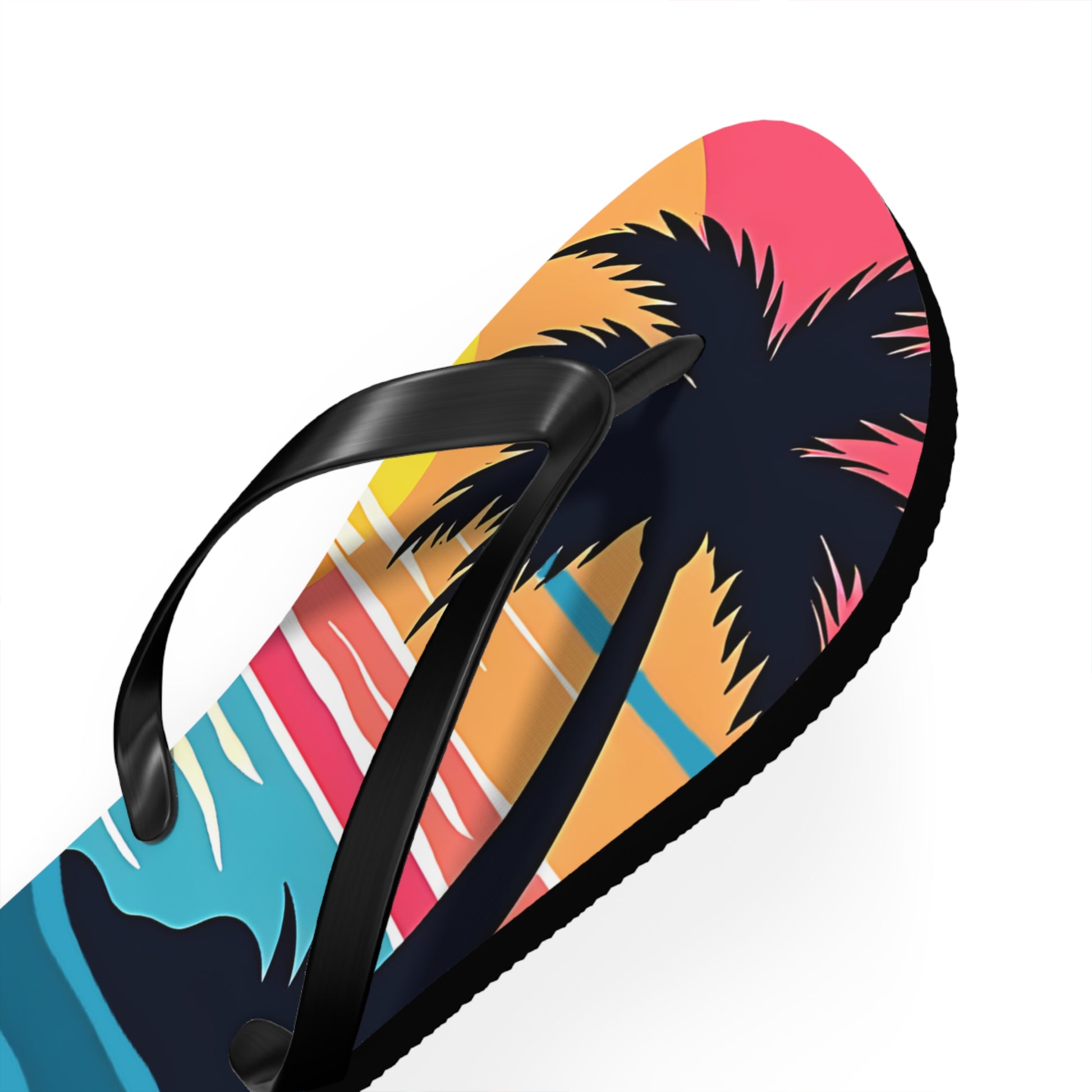 A perfect choice for beach lovers, the Tropical Sunset Flip Flops | Beach Vibes Sandals feature black straps and a vibrant palm tree sunset design—ideal for adding summer style to your outfits.