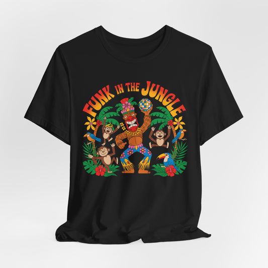 The Funky Jungle Tiki T-Shirt is a black unisex short sleeve shirt with a vibrant cartoon of a dancing gorilla under a disco ball, two monkeys, jungle leaves, red flowers, and bold orange FUNK IN THE JUNGLE text.