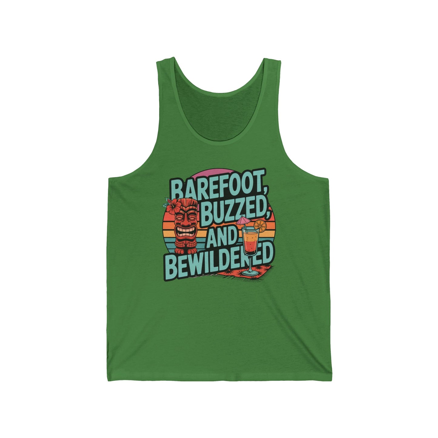 The Summer Vibes Unisex Tank Top features a cartoon tiger with a drink, Barefoot, Buzzed, and Bewildered text, and a retro sunset—perfect for fun beachwear.