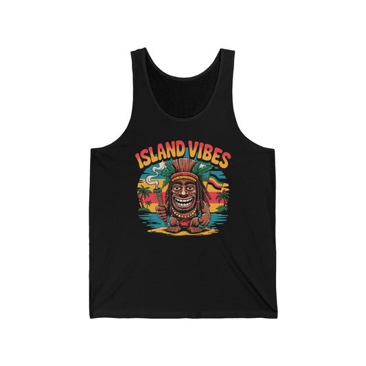 The Island Vibes Unisex Jersey Tiki Tank Top showcases a vibrant tiki graphic, palm trees, and a sunset by the sea with bold curved ISLAND VIBES text—ideal for summer and beach days in stylish comfort.