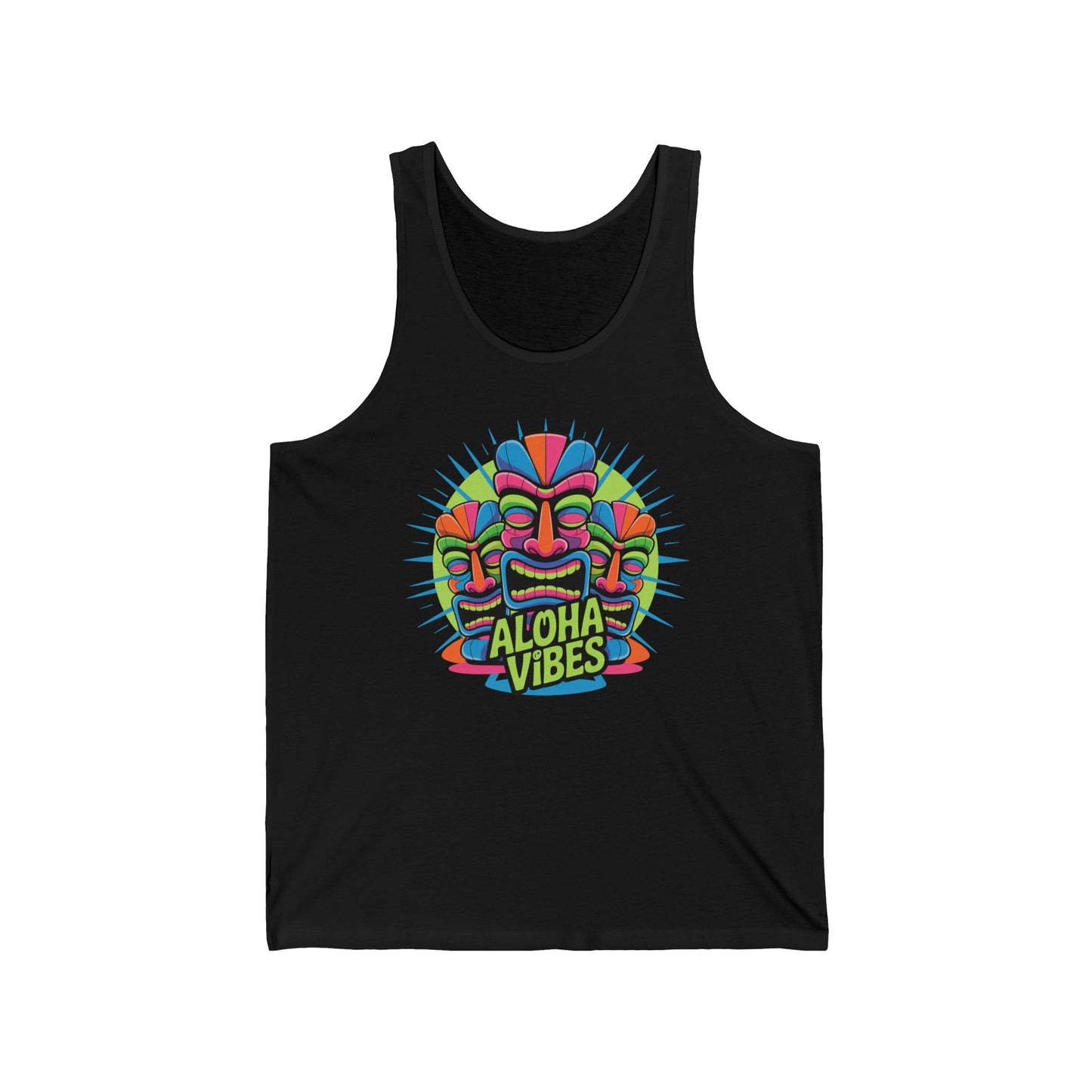 The Aloha Vibes Unisex Jersey Tiki Tank Top is perfect beachwear, featuring a colorful tiki mask, bold Aloha Vibes text, and sunburst patterns for a relaxed fit that brings summer fun energy.