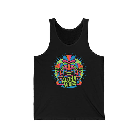The Aloha Vibes Unisex Jersey Tiki Tank Top is perfect beachwear, featuring a colorful tiki mask, bold Aloha Vibes text, and sunburst patterns for a relaxed fit that brings summer fun energy.