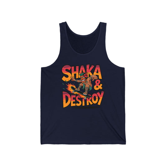The Shaka & Destroy Unisex Jersey Tiki Tank Top features a cartoon skateboarder with flames and bold SHAKA & DESTROY text, combining summer vibes and casual comfort in a navy blue graphic tee perfect for any laid-back look.