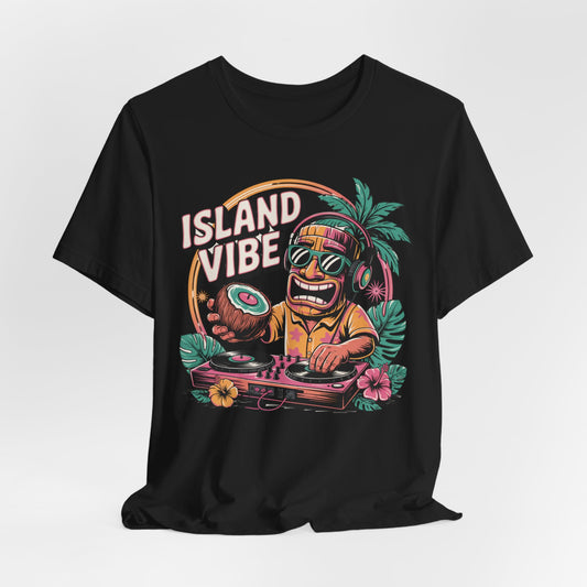 Rock your summer gatherings with the Island Vibe DJ Short Sleeve Tiki T-Shirt for Music Lovers—a black unisex tee made from soft Airlume cotton, featuring a cartoon tiki DJ, tropical plants, and ISLAND VIBE text above.