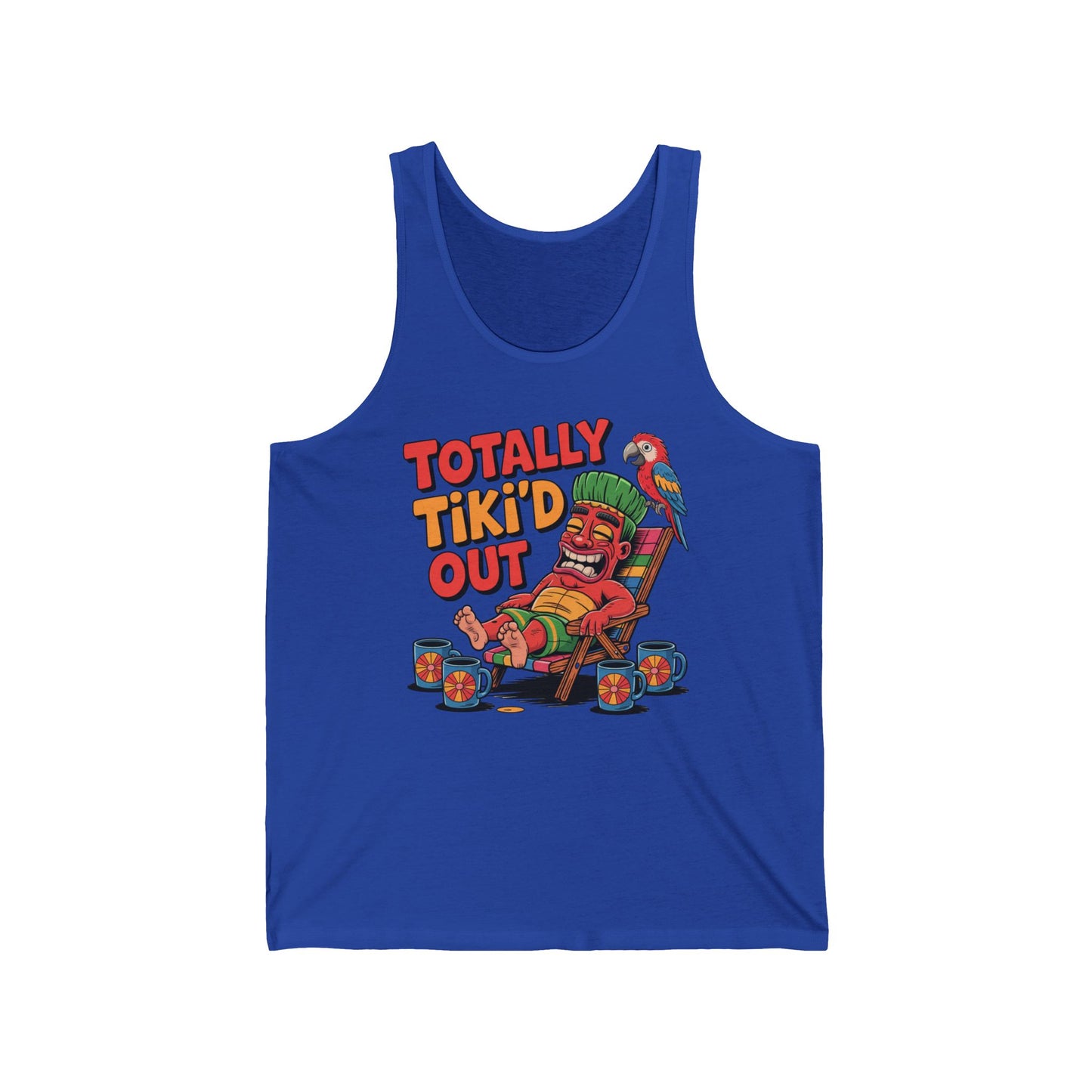 The Totally Tikid Out Unisex Jersey Tiki Tank Top features a vibrant tiki figure with a parrot, tiki mugs, and TOTALLY TIKID OUT text—perfect for fun summer vibes and celebrations.